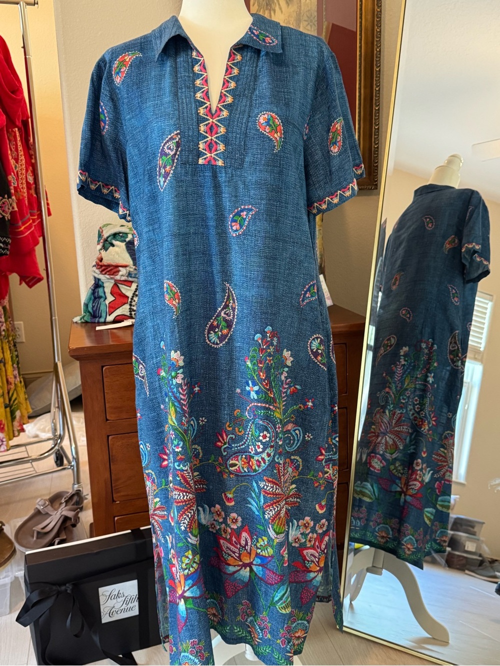 Johnny Was Indigo Blue Paisley & Floral Embroidered Maxi Dress NWT M